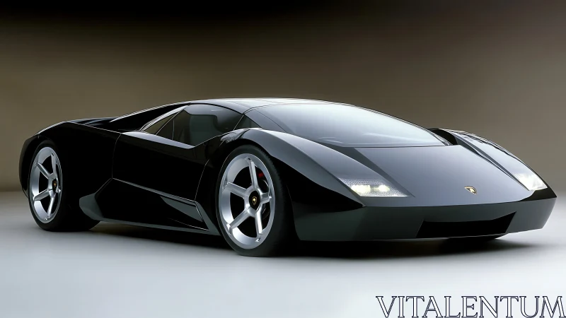 Photorealistic supercar render with angular gloss-black bodywork.