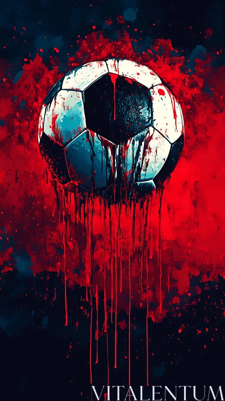 Digital painting of dripping soccer ball in blood-red abstraction.