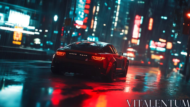 Sports car drives through wet neon city street at night