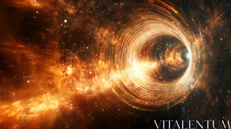 Golden relativistic wormhole rendered as luminous data vortex