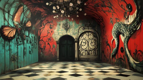 Interior corridor shows surreal murals and checkered flooring
