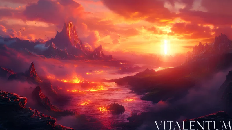 Infernal sunrise over molten valleys in a dreaming world.