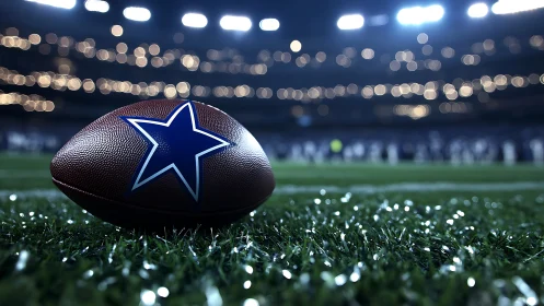 Closeup football with star logo rests on illuminated turf