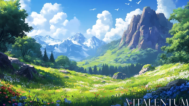 Sunlit alpine meadow opens toward towering summer peaks