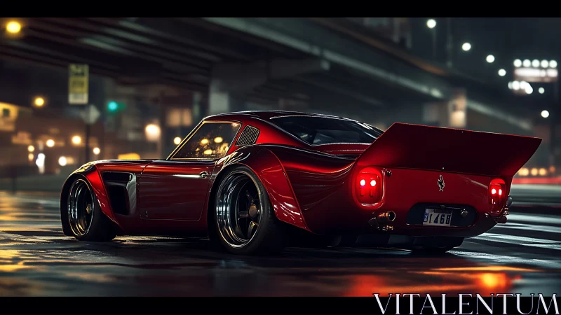 Red widebody sports coupe under urban overpass at night.