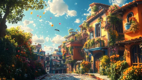 Sunlit flower-laden street in vibrant hillside townscape.