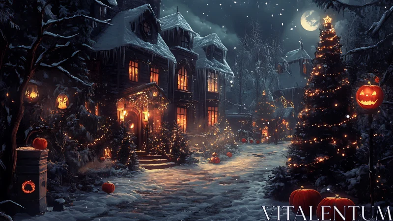Moonlit Halloween Christmas lane in enchanted winter hush.