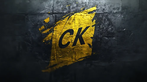 Bold CK monogram slashed in molten gold on gritty wall.