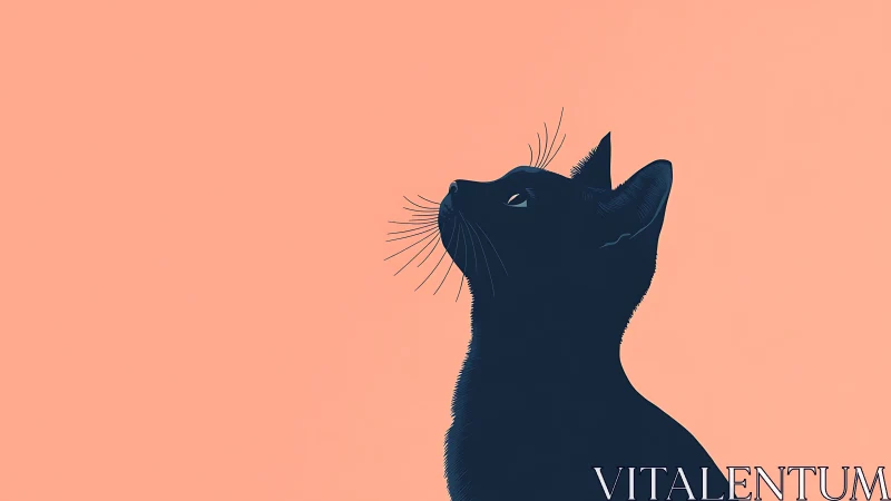 Black Cat Silhouette Looking Up Against Peach Background