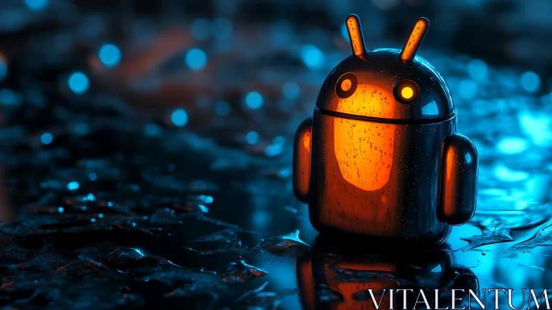 Cyberpunk glossy android mascot with neon rim lighting.