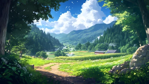 Summer valley path hums softly between forest and fields