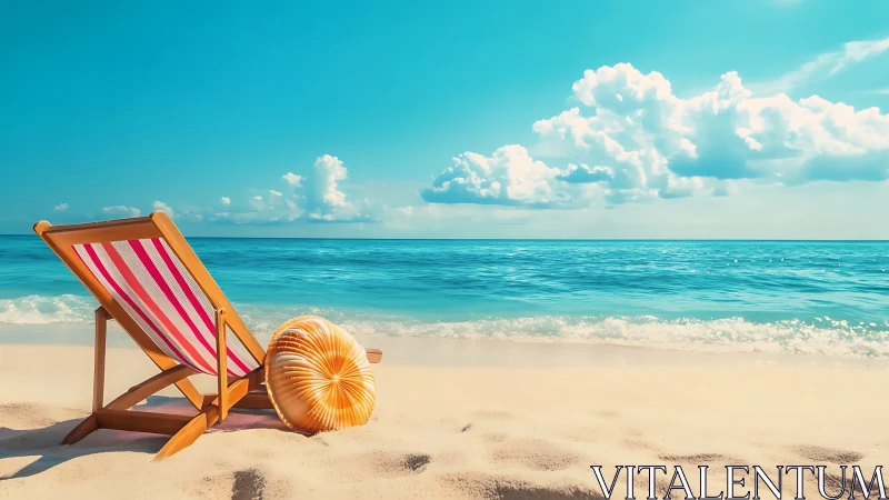 Striped deck chair and cushion frame a sunlit tropical shoreline