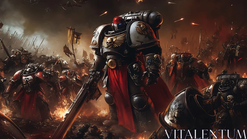 Armored space warrior leads burning battlefield assault