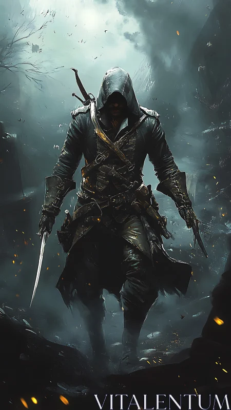 Hooded rogue advances through stormlit ruins in cinematic chiaroscuro