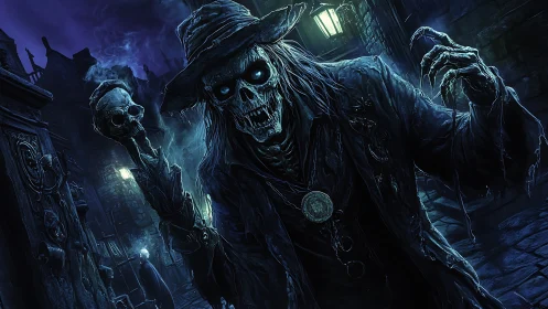 Skeletal figure in tattered coat advances down foggy alley