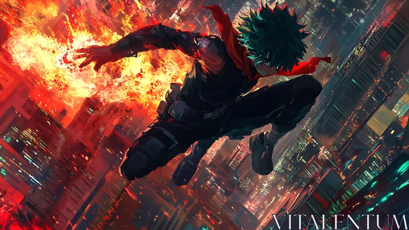 Anime hero dives through burning cyberpunk skyline at night.
