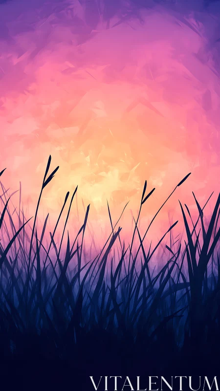 Twilight meadow silhouettes under radiant gradient sky.