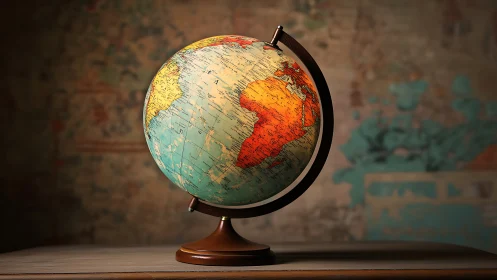 Vintage illuminated world globe on wooden desktop stand.