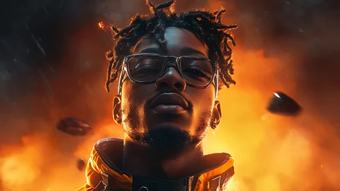 Moody portrait with orange backlight and cinematic debris glow.