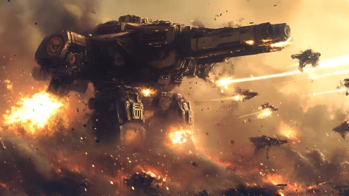 Colossal siege mech advances through incendiary orbital battlefield