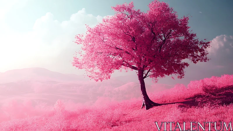 Digital painting of solitary pink tree on chromatic hillside.
