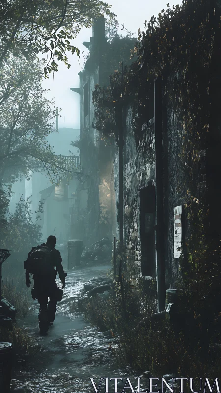 Lone wanderer traces rainlit footsteps through ruined alleyway.