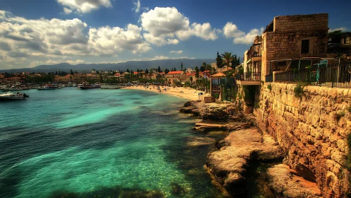 Coastal stone buildings above clear turquoise waterfront.