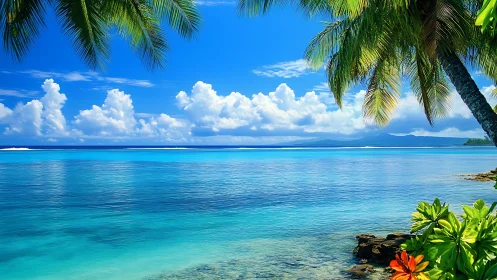 Tropical lagoon shoreline with palm canopy and distant islands
