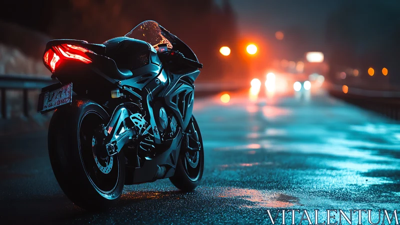 Neon storm rider waits on a rain-glossed midnight highway.