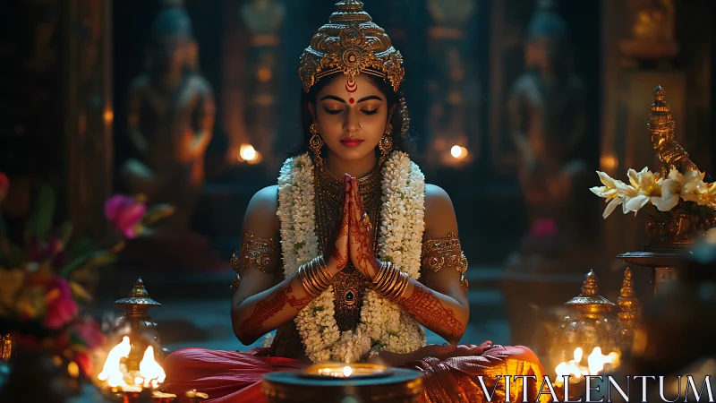 Temple firelight crowns a serene goddess in crimson silence