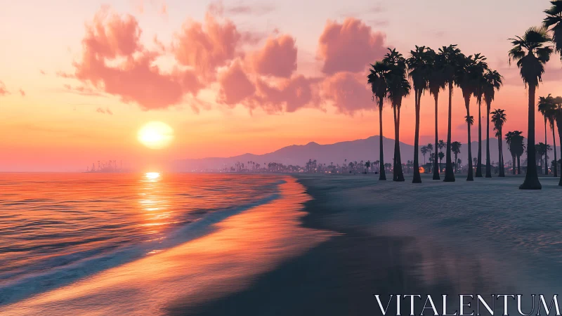 Soft sunset glow over palm-lined shore and gentle waves.