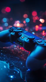 Gaming controller illuminated by neon blue and red bokeh lighting.