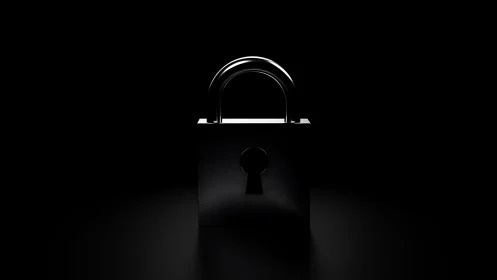 Glossy metal padlock centered in dark minimal scene.