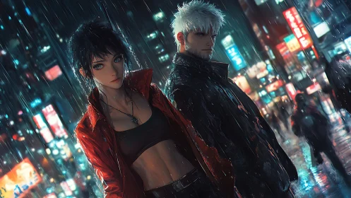 Two anime figures in neon city rain with tense posture.