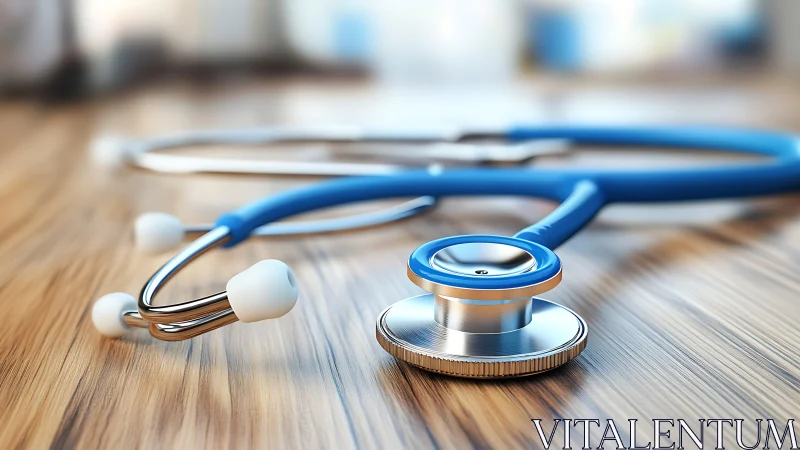 Blue stethoscope on wooden surface in close medical view.