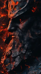 Volcanic stone warlord bust with molten cracks and ember gaze