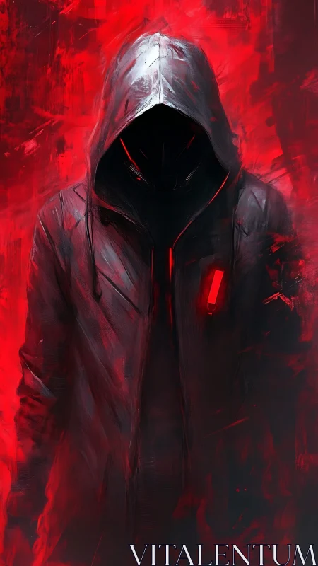 Hooded cybernetic silhouette in high-saturation red field.