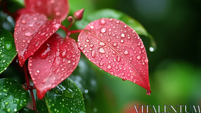 Macro study of dew-covered red foliage with bokeh depth.
