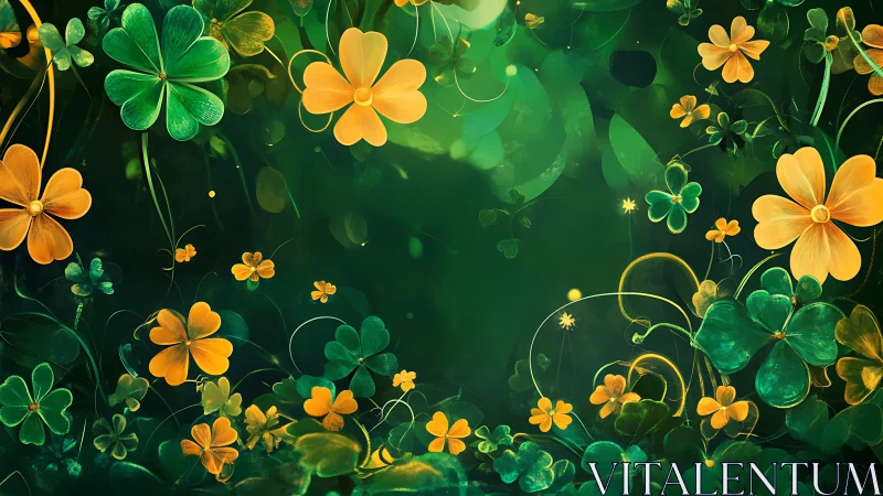 Green clover and yellow flower pattern on dark background.