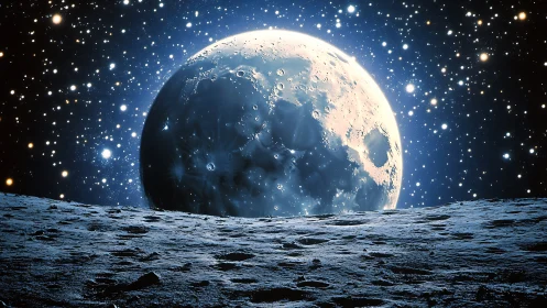 Moonrise glows over a quiet cratered landscape in deep space