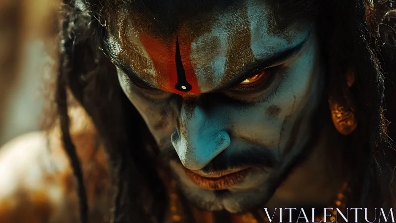 Chromatically intense deity visage with incendiary gaze detail.