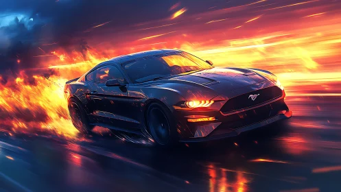 Sport coupe races through blazing neon firestorm