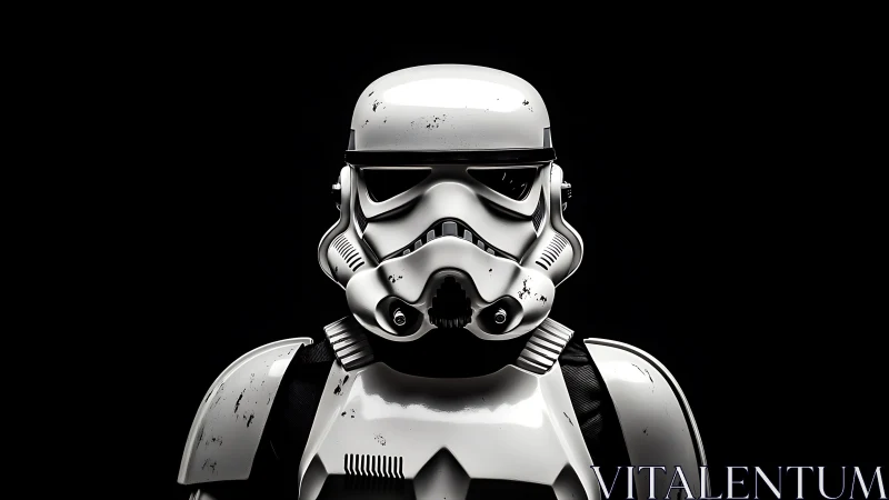 Stormtrooper armor frontal view on black background.