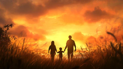 Photorealistic sunset silhouette of family in meadow field.