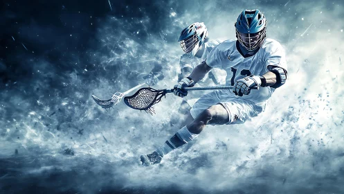 Lacrosse players in dynamic motion with abstract ice effects.