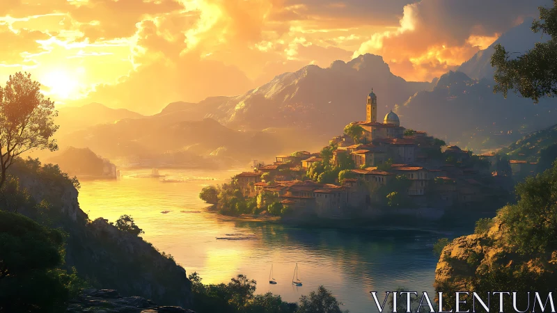 Alpine Valley Settlement at Golden Hour with Mountains and Reflective Water