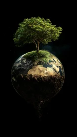 Radiant green tree resting gently atop our glowing Earth.