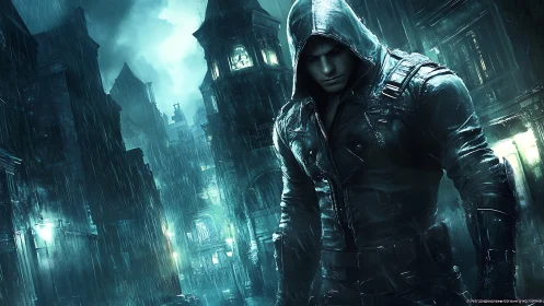 Hooded vigilante stalks neon rain in storm-drowned alleys.