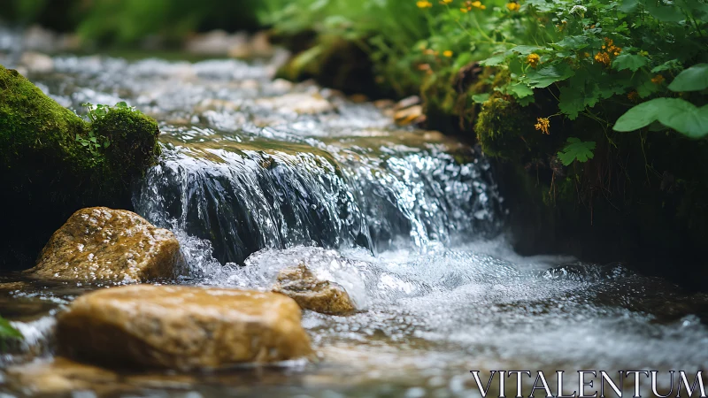 Tranquil Forest Stream with Mossy Rocks in Nature Photography.