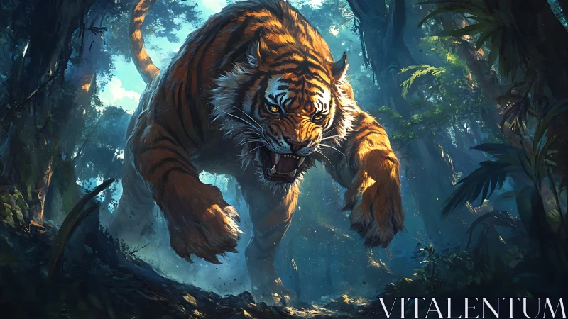 Roaring tiger mid-leap through sunlit jungle depths.